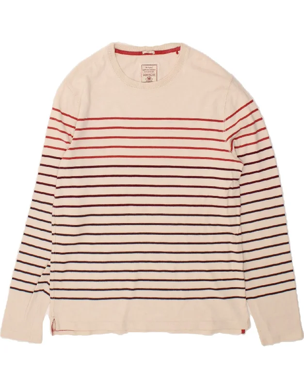 FAT FACE Womens Sweatshirt Jumper UK 16 Large Beige Striped Cotton Hoodie with Half-Zip Sporty Casual