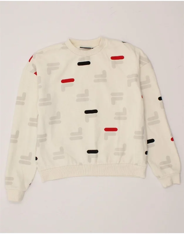 FILA Womens Graphic Sweatshirt Jumper UK 10 Small Off White Polyester Hoodie with Sequins Glamorous Eye-catching