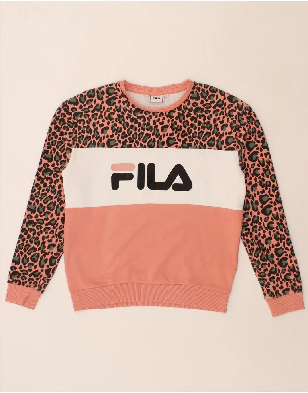 FILA Womens Oversized Graphic Sweatshirt Jumper UK 10 Small Pink Hoodie with Cuffed Sleeves Snug Secure