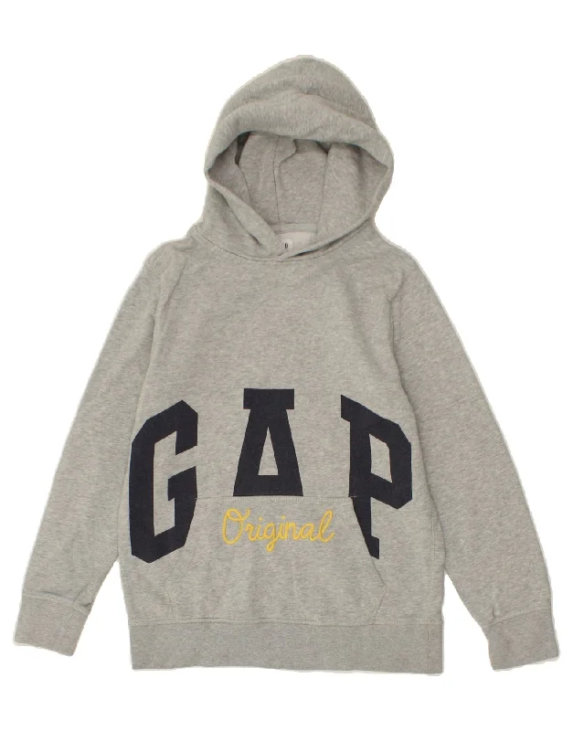 GAP Boys Graphic Hoodie Jumper 13-14 Years 2XL Grey Cotton Hoodie with Hidden Zipper Minimalist Clean