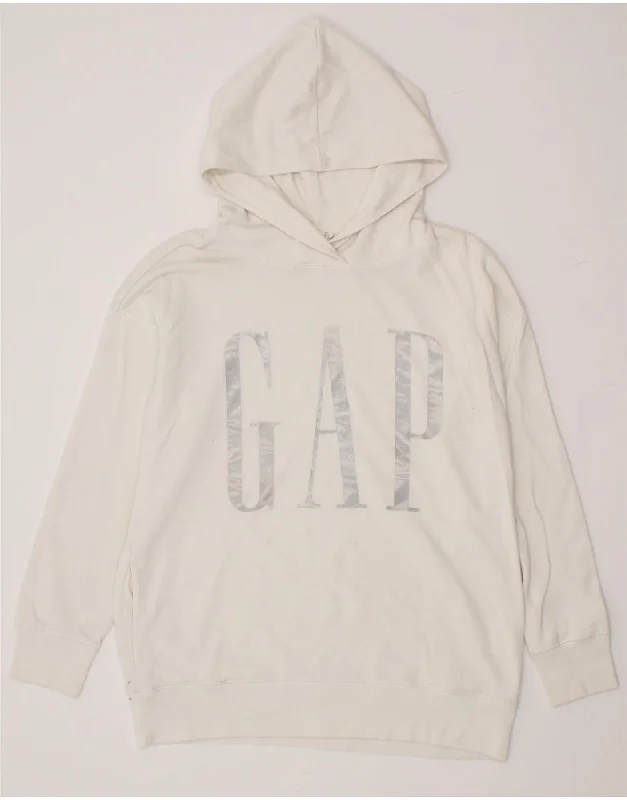 GAP Womens Longline Graphic Hoodie Jumper UK 14 Medium Off White Cotton Hoodie with Hem Frayed Vintage Worn