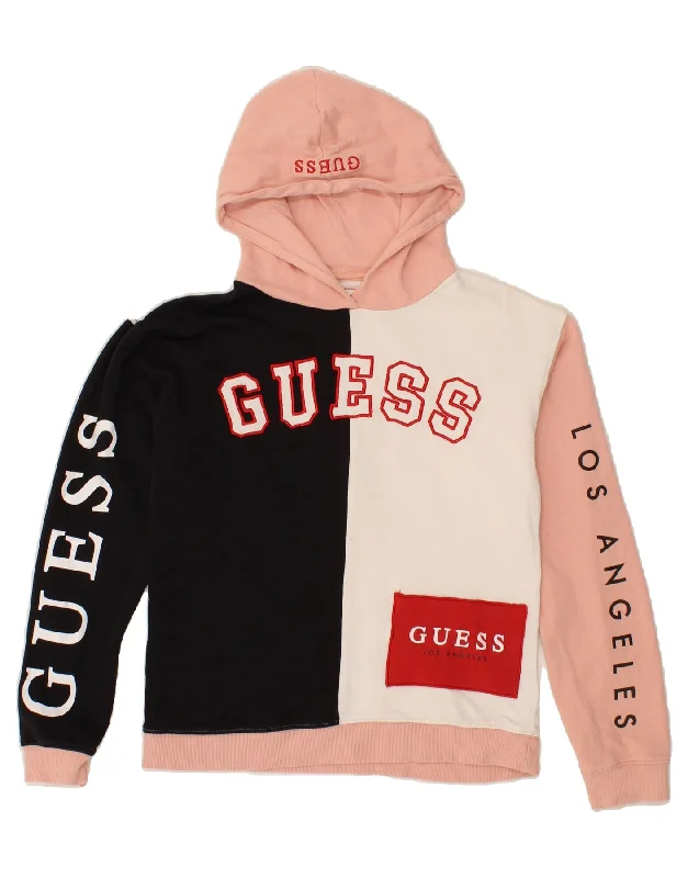 GUESS Girls Graphic Hoodie Jumper 15-16 Years Pink Colourblock Cotton Hoodie with Crew Neck Simple Timeless