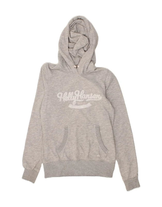 HELLY HANSEN Womens Graphic Hoodie Jumper UK 12 Medium Grey Cotton Hoodie with Hem Detail Decorative Unique