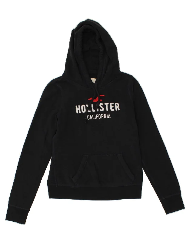 HOLLISTER Womens California Graphic Hoodie Jumper UK 16 Large Navy Blue Hoodie with Side Slits Relaxed Casual