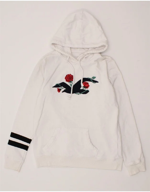 HOLLISTER Womens Graphic Hoodie Jumper UK 14 Medium White Cotton Hoodie with Pastel Soft Subtle
