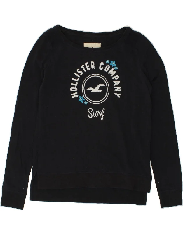 HOLLISTER Womens Graphic Sweatshirt Jumper UK 10 Small Navy Blue Cotton Hoodie with Hem Raw Edge Edgy Unfinished