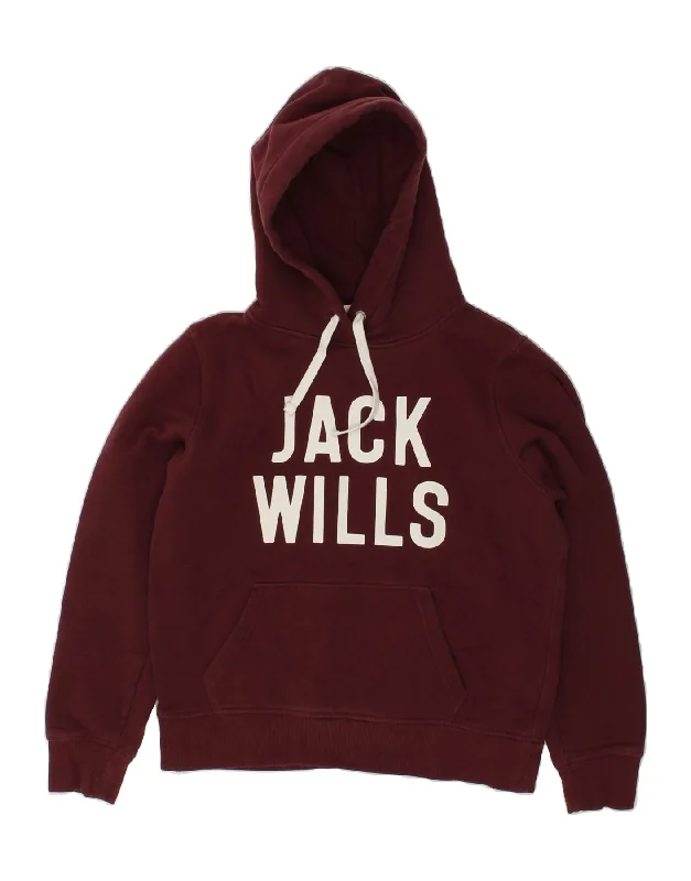 JACK WILLS Womens Graphic Hoodie Jumper UK 14 Large Maroon Cotton Hoodie with Rolled Sleeves Casual Relaxed