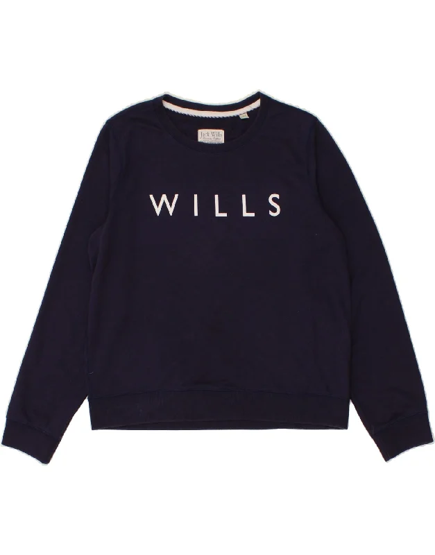 JACK WILLS Womens Graphic Sweatshirt Jumper UK 16 Large Navy Blue Cotton Hoodie with Toggle Buttons Decorative Unique