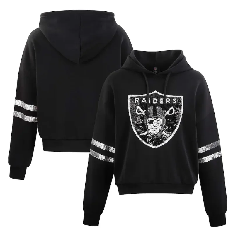 Las Vegas Raiders Women's Sequin Logo Cropped Hoodie - Black Hoodie with Hem Elastic Stretchable Comfortable