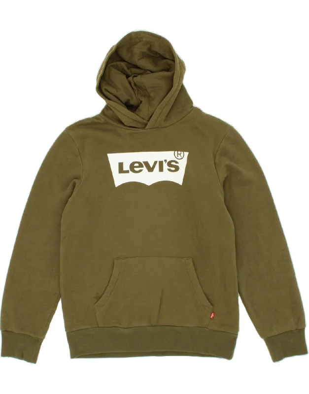 LEVI'S Boys Graphic Hoodie Jumper 13-14 Years Khaki Cotton Hoodie with Cropped Fit Short Trendy