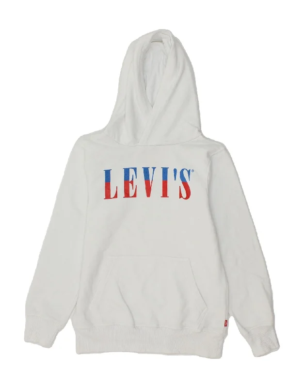 LEVI'S Boys Graphic Hoodie Jumper 9-10 Years White Cotton Hoodie with Hem Contrast Bold Stylish