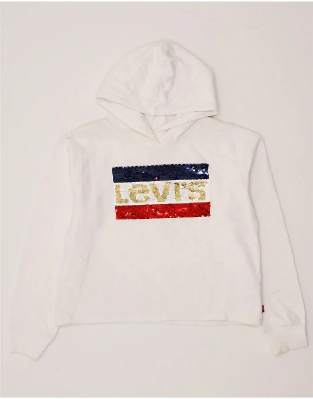 LEVI'S Girls Crop Graphic Hoodie Jumper 13-14 Years XL White Cotton Oversized Hoodie Comfort Casual