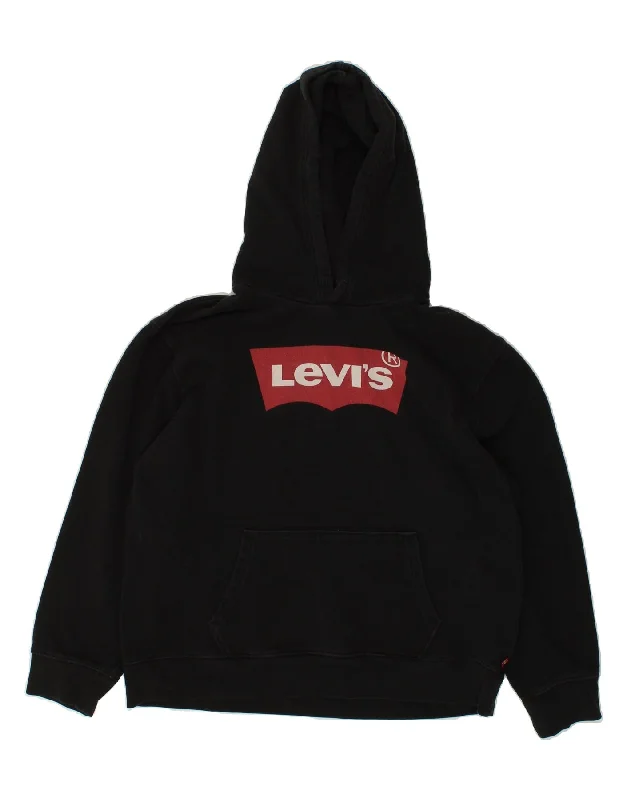 LEVI'S Mens Graphic Hoodie Jumper XL Black Cotton Hoodie with Raw Hem Edgy Unfinished