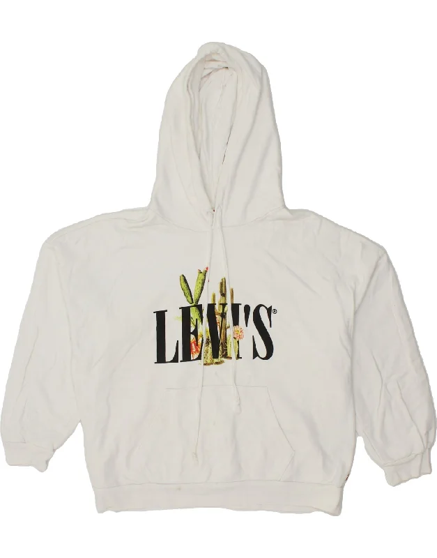 LEVI'S Mens Oversized Graphic Hoodie Jumper Medium White Cotton Hoodie with Hem Elastic Stretchable Comfortable