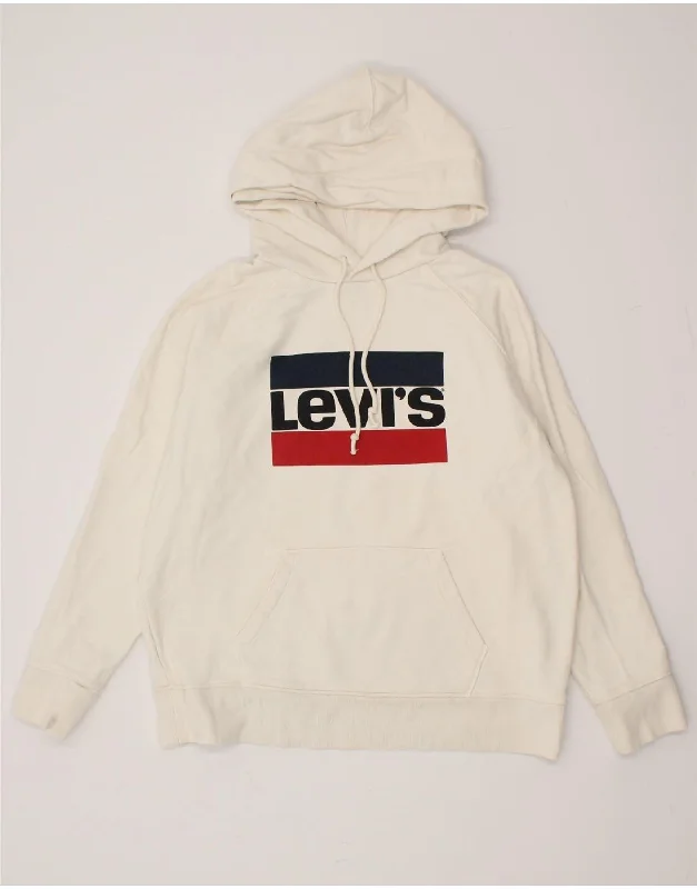 LEVI'S Womens Oversized Graphic Hoodie Jumper UK 16 Large Off White Cotton Hoodie Sweatshirt Pullover