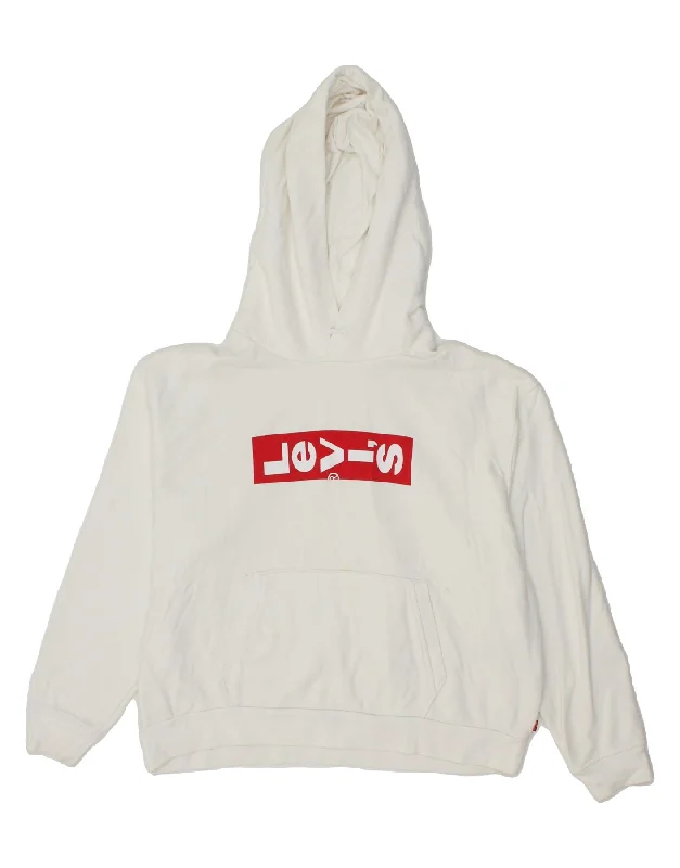 LEVI'S Womens Oversized Graphic Sweatshirt Jumper UK 10 Small White Cotton Hoodie with Hem Raw Edge Edgy Unfinished