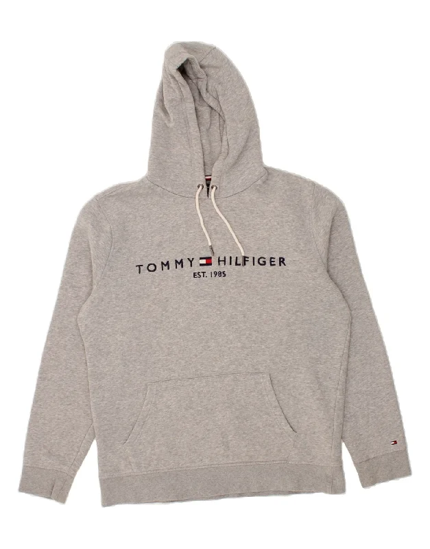 TOMMY HILFIGER Mens Graphic Hoodie Jumper XL Grey Cotton Hoodie with Slim Fit Tailored Modern