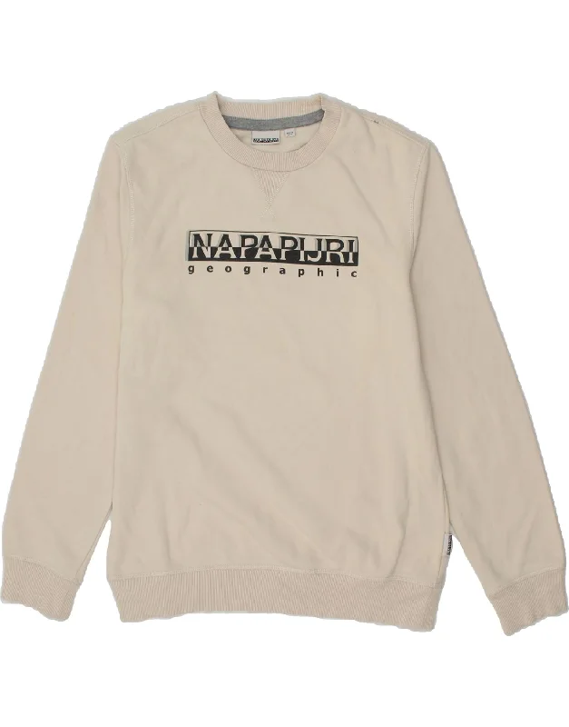 NAPAPIJRI Mens Graphic Sweatshirt Jumper Medium Beige Cotton Hoodie with Oversized Fit Loose Comfortable