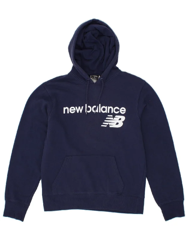 NEW BALANCE Mens Graphic Hoodie Jumper Small Navy Blue Cotton Hoodie with Exposed Zipper Edgy Industrial