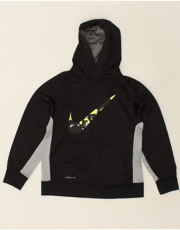 NIKE Boys Therma-Fit Graphic Hoodie Jumper 12-13 Years Large  Black Graphic Hoodie Design Print