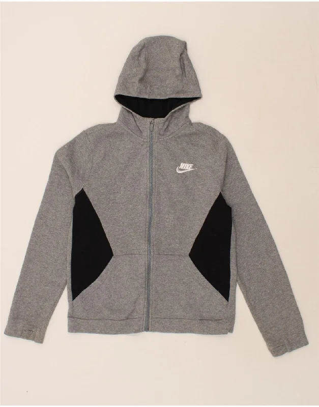 NIKE Boys Zip Hoodie Sweater 13-14 Years XL  Grey Colourblock Cotton Hoodie with Double Zipper Versatile Adjustable