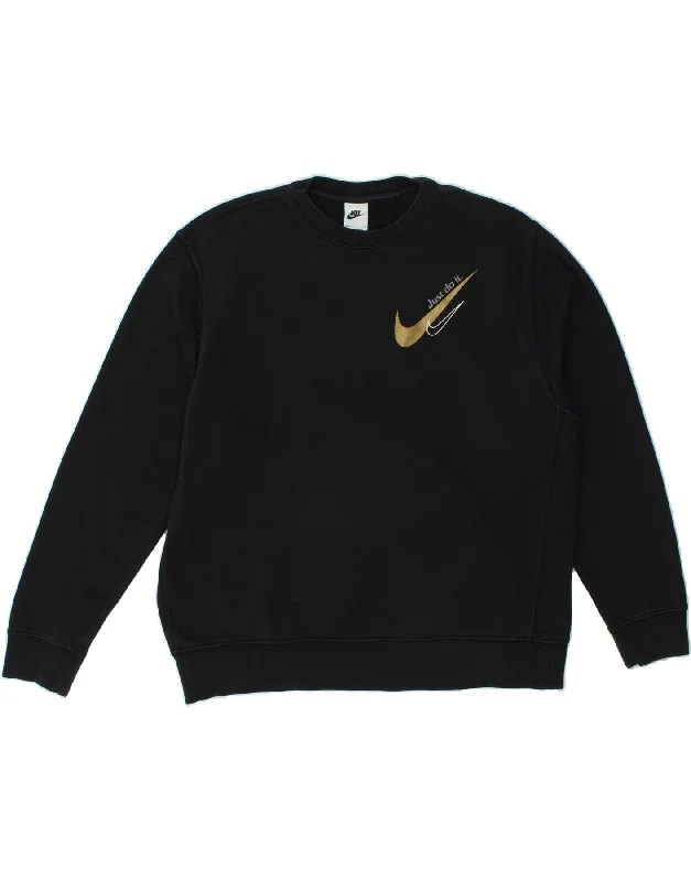 NIKE Mens Graphic Sweatshirt Jumper Large Black Cotton Hoodie with Sequins Glamorous Eye-catching