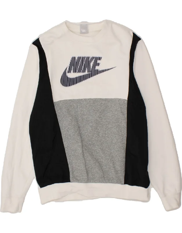 NIKE Mens Graphic Sweatshirt Jumper Medium White Colourblock Polyester Hoodie with Illustration Artistic Creative