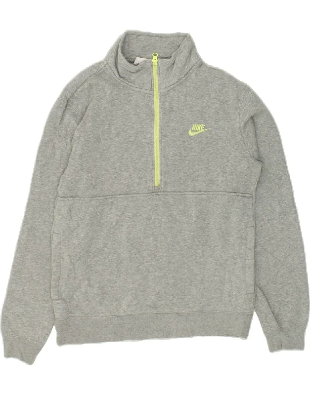 NIKE Mens Zip Neck Sweatshirt Jumper Small Grey Cotton Hoodie with Applique Textured Unique