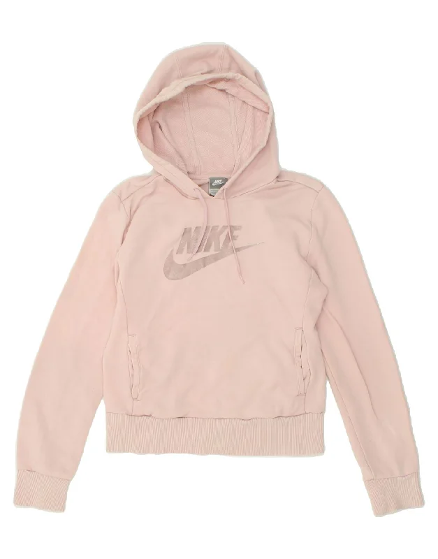 NIKE Womens Crop Graphic Hoodie Jumper UK 10/12 Medium Pink Cotton Hoodie with Raglan Sleeves Sporty Comfortable