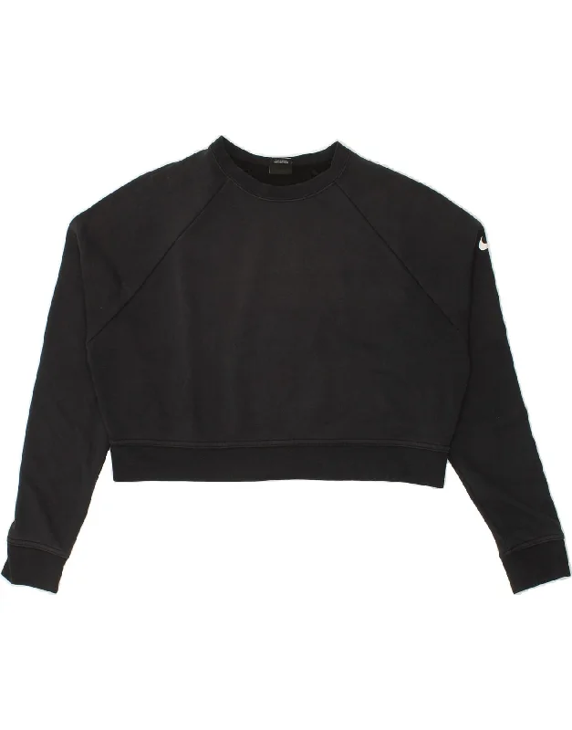 NIKE Womens Dri Fit Oversized Crop Sweatshirt Jumper UK 10 Small Black Hoodie with Pocket Utility Practical