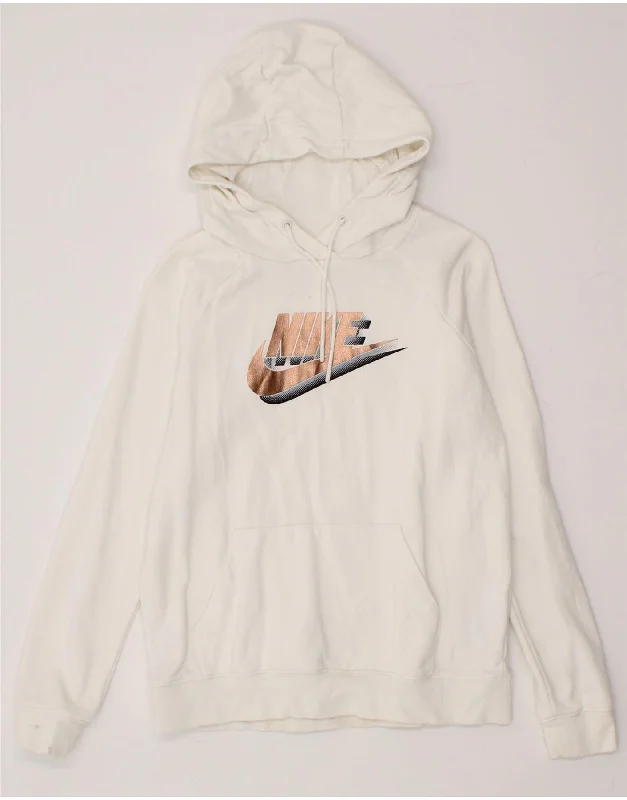 NIKE Womens Graphic Hoodie Jumper UK 10 Small White Cotton Hoodie with Typography Text Message