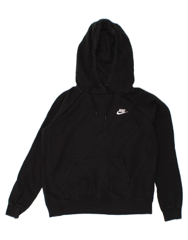 NIKE Womens Hoodie Jumper UK 14 Medium Black Cotton Hoodie with Pattern Geometric Abstract