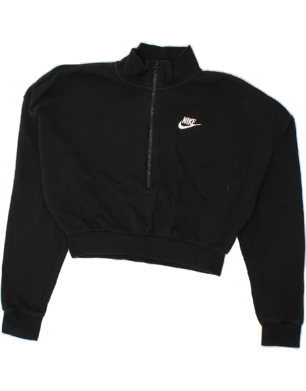 NIKE Womens Oversized Crop Zip Neck Sweatshirt Jumper UK 6 XS Black Cotton Hoodie with Elastic Cuffs Stretchable Comfortable