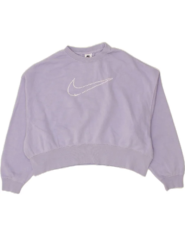 NIKE Womens Oversized Oversized Crop Sweatshirt Jumper UK 6 XS Purple Hoodie with Thumb Holes Functional Cozy