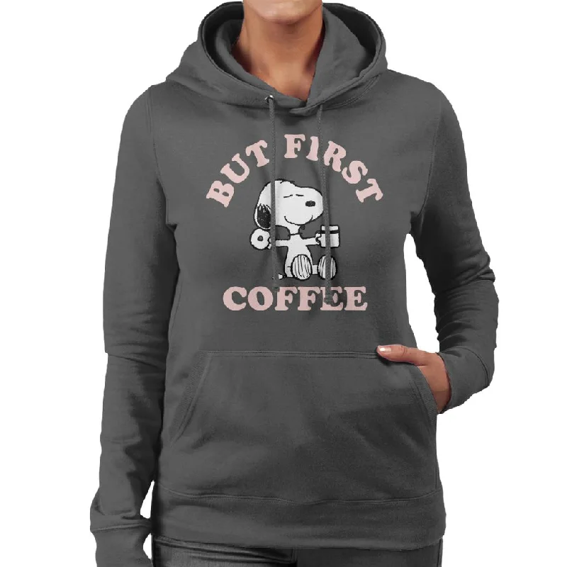 Peanuts But First Coffee Snoopy Women's Hooded Sweatshirt Hoodie with Full-Zip Functional Layering