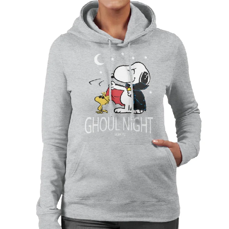 Peanuts Ghoul Night Snoopy & Woodstock Women's Hooded Sweatshirt Hoodie with Hem Applique Textured Unique