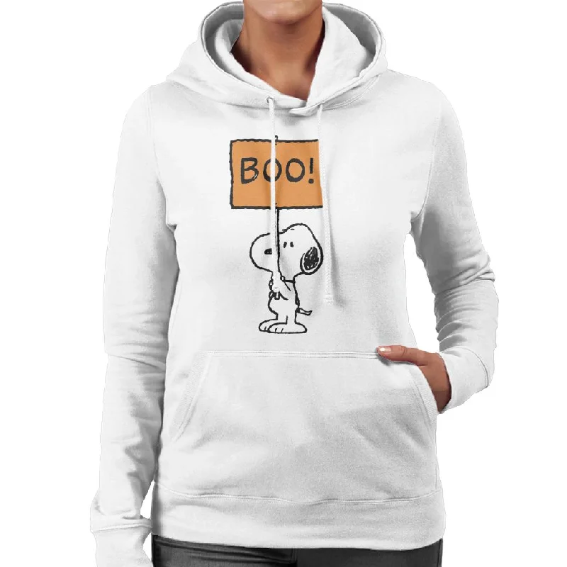 Peanuts Halloween Boo Snoopy Women's Hooded Sweatshirt Hoodie with Raw Hem Edgy Unfinished