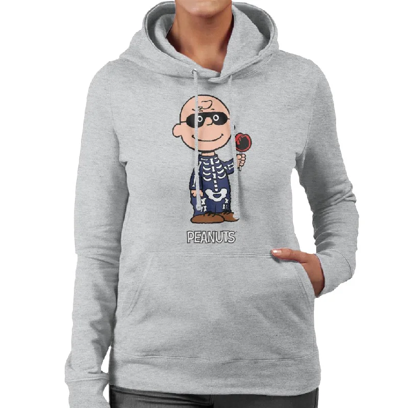 Peanuts Halloween Skeleton Charlie Brown Women's Hooded Sweatshirt Hoodie with Drawstring Waist Adjustable Fitted