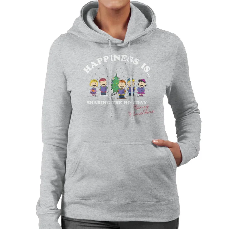 Peanuts Sharing The Holiday Christmas Women's Hooded Sweatshirt Hoodie with Mock Neck Collared Structured