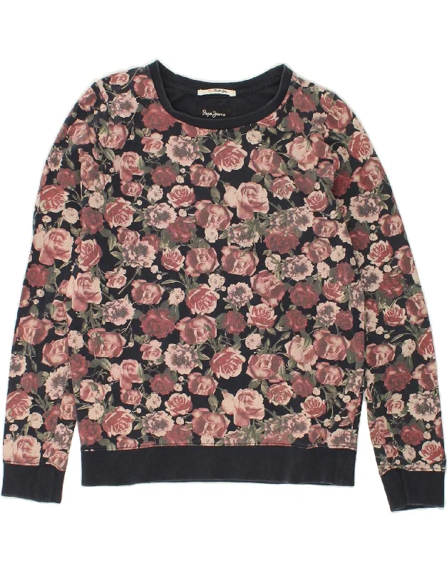 PEPE JEANS Womens Oversized Sweatshirt Jumper UK 6 XS Multicoloured Floral Hoodie with Strings Custom Fit Adjustable