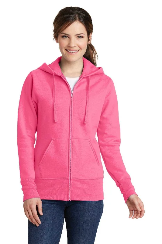 Port & Company LPC78ZH Ladies Core Fleece Full-Zip Hooded Sweatshirt - Neon Pink Hoodie with Monochrome Minimalist Simple