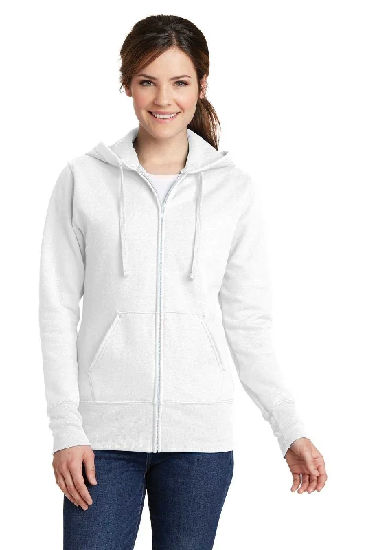 Port & Company LPC78ZH Ladies Core Fleece Full-Zip Hooded Sweatshirt - White Hoodie with Cuffed Sleeves Snug Secure