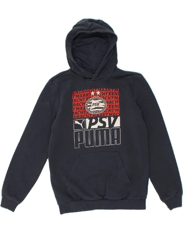 PUMA Boys Graphic Hoodie Jumper 13-14 Years XL Navy Blue Cotton Hoodie with Neon Bright Vibrant