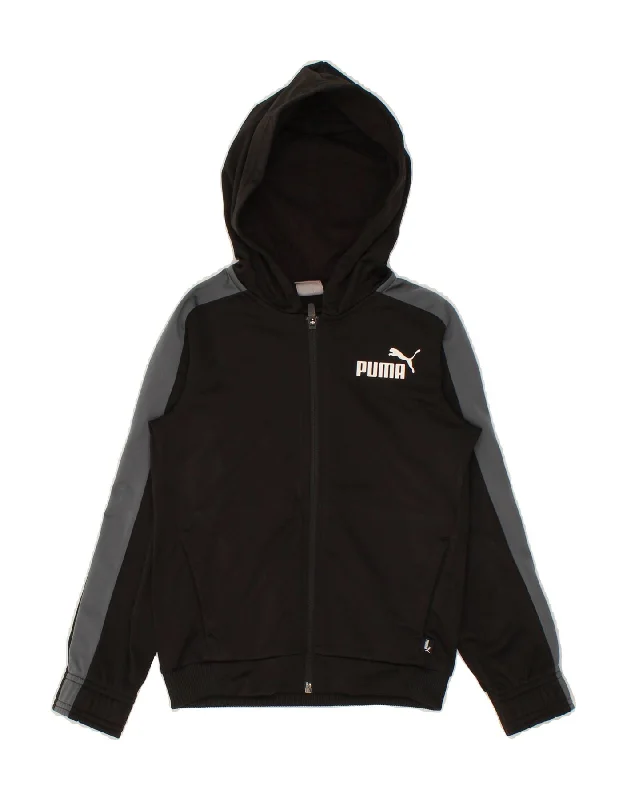 PUMA Boys Zip Hoodie Sweater 7-8 Years  Black Colourblock Polyester Hoodie with Rolled Sleeves Casual Relaxed