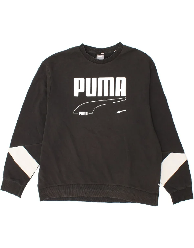 PUMA Mens Graphic Sweatshirt Jumper 2XL Black Cotton Hoodie with Embroidery Detailed Premium