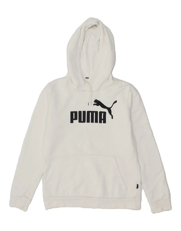 PUMA Womens Graphic Hoodie Jumper UK 10 Small White Cotton Hoodie with Hem Detail Decorative Unique