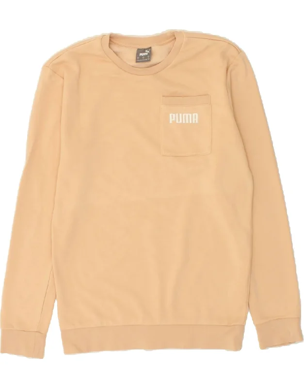 PUMA Womens Oversized Graphic Sweatshirt Jumper UK 10 Small Beige Cotton Hoodie with Hem Fringe Bohemian Relaxed