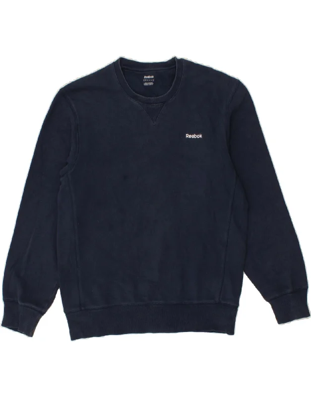 REEBOK Mens Sweatshirt Jumper Small Navy Blue Cotton Oversized Hoodie Comfort Casual