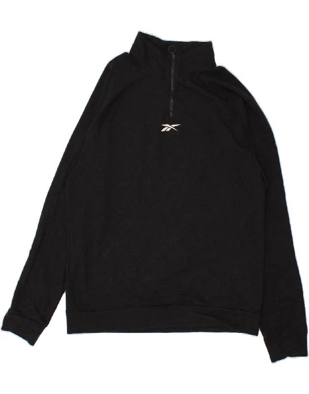 REEBOK Mens Zip Neck Sweatshirt Jumper Large Black Polyester Hoodie with Pastel Soft Subtle