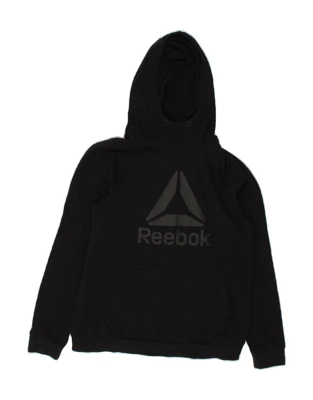 REEBOK Womens Graphic Hoodie Jumper UK 16/18 Large Black Cotton Hoodie with Ribbed Neckline Snug Warm